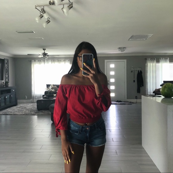 Hollister Tops - Tie up sleeve red off the shoulder shirt